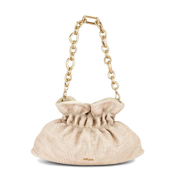 Cult Gaia Bara Shoulder Bag Cream Raffia Ruched Gold Chain Purse - Picture 7 of 16
